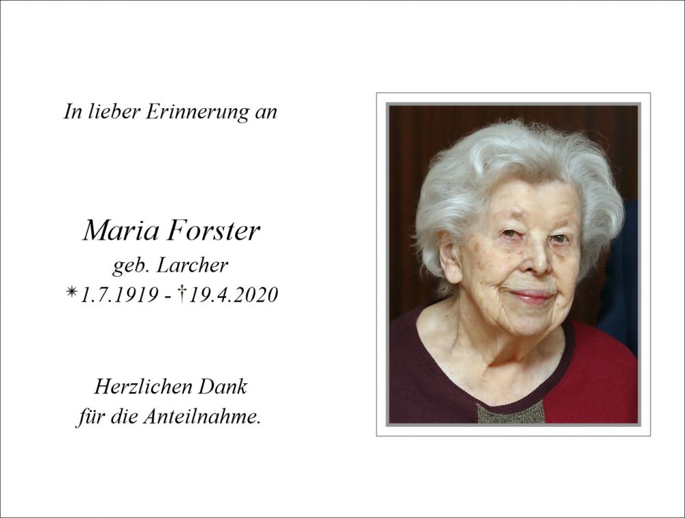 Sterbebild vonMaria „Mizzi“ Forster geb. Larcher