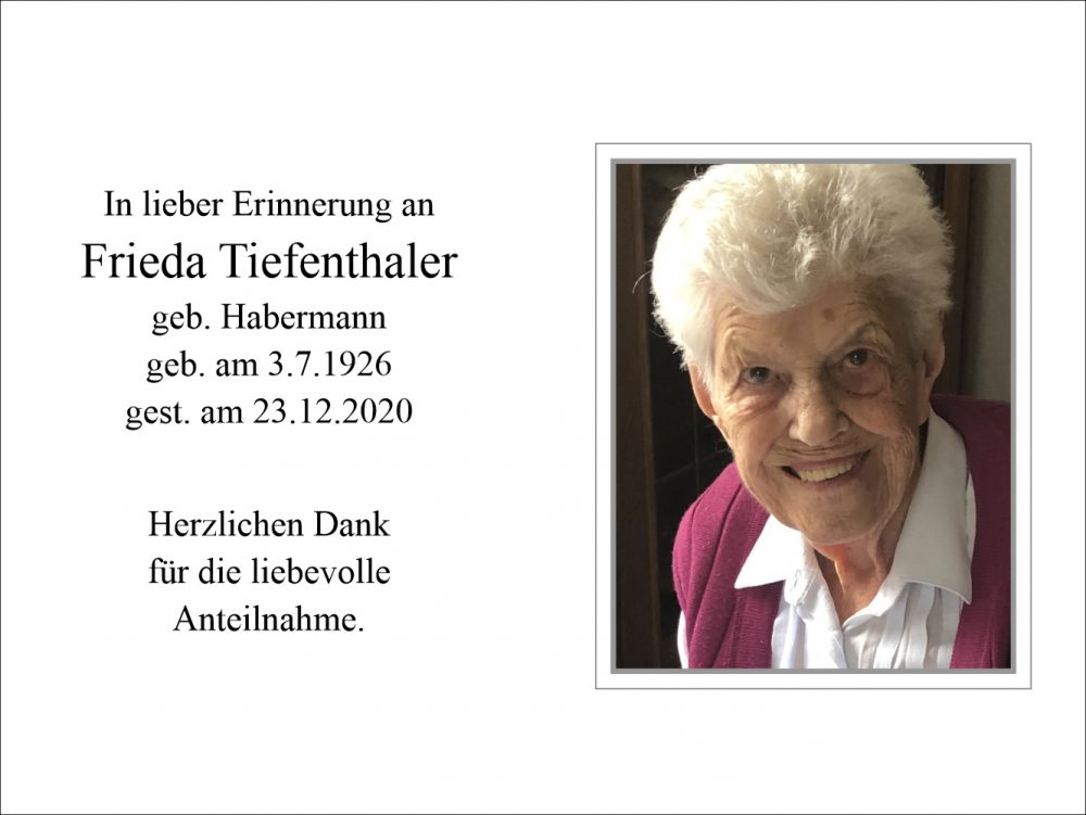Sterbebild vonFrieda Tiefenthaler geb. Habermann