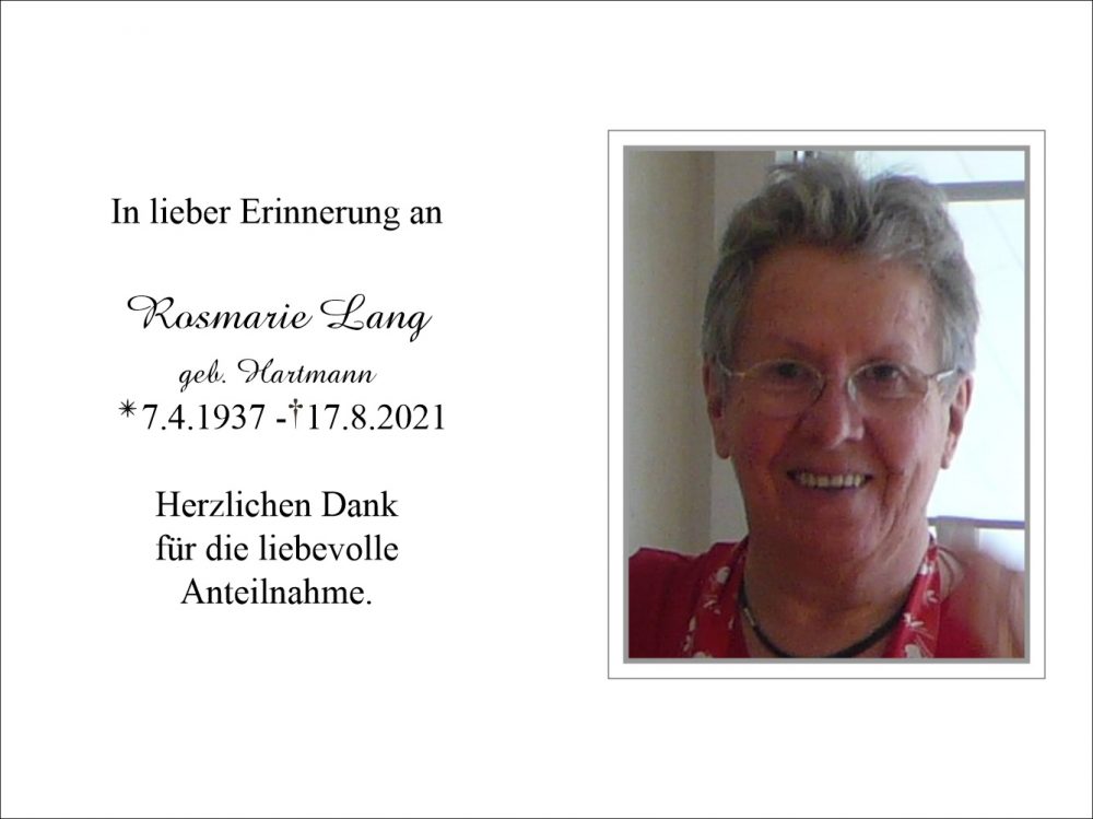Sterbebild vonRosmarie Lang geb. Hartmann