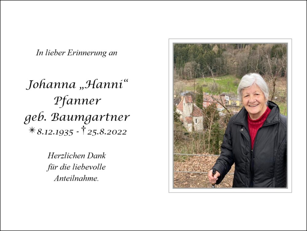 Sterbebild vonJohanna „Hanni“ Pfanner geb. Baumgartner